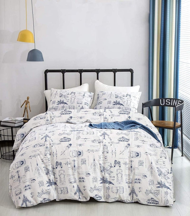 KAREVER Aircraft Comforter Set Full Boys White Cartoon Bedding Set Alternative Comforters Airplane Car Tank Printed White Bedding Blanket Full for Children Teen Boy with Microfiber Inner Insert - Image 1